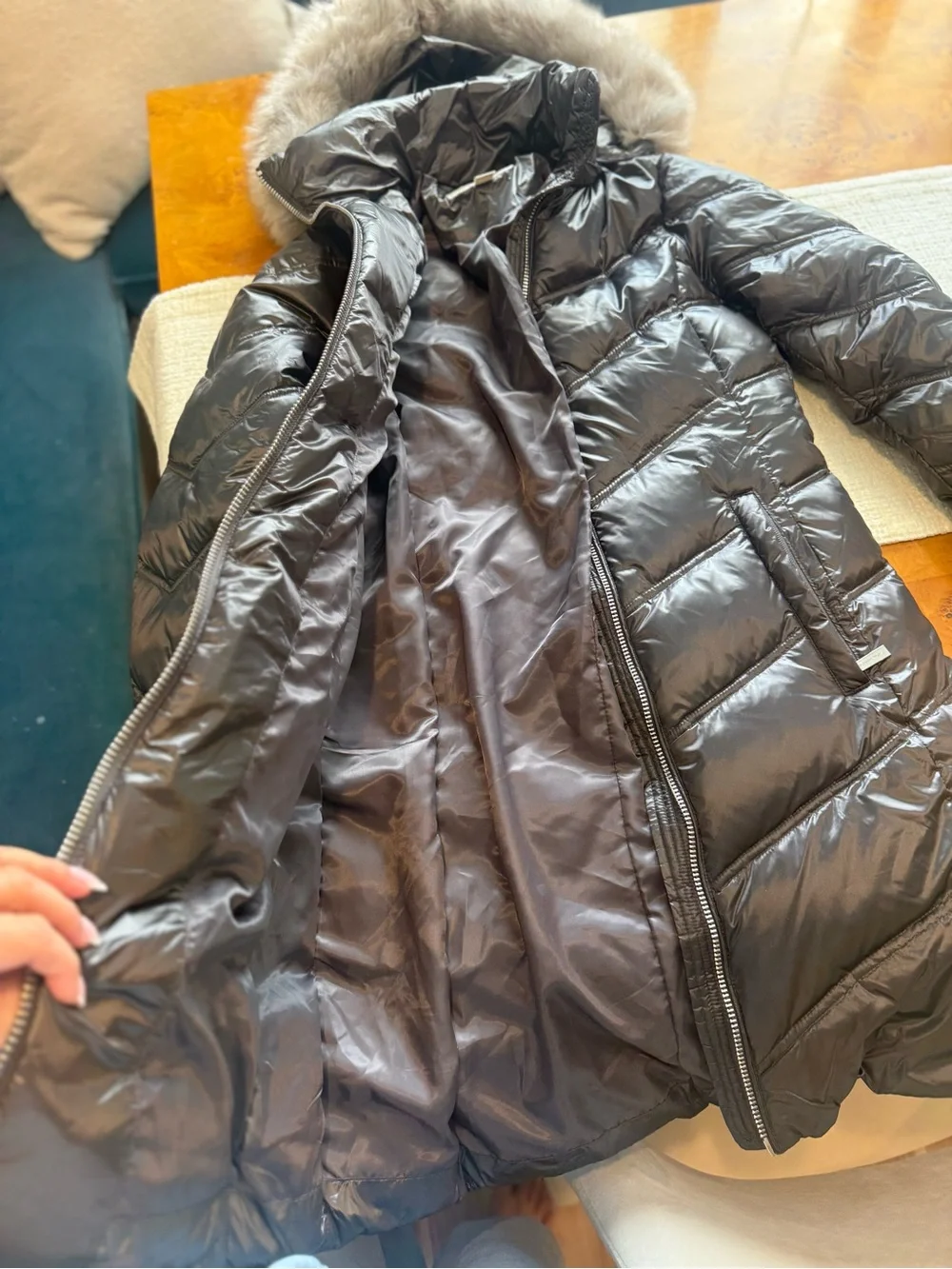 Michael Kors Charcoal Long Quilted Puffer Coat with Faux Fur Hood Nordstrom